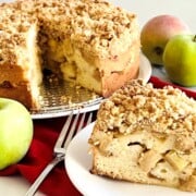 Slice and fill cake of apple crumb coffee cake with streusel topping.