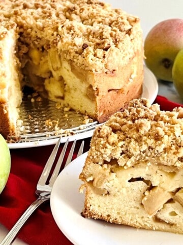 Slice and fill cake of apple crumb coffee cake with streusel topping.