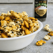 Bowl of sweet and salty furikake party mix with crackers and popcorn.