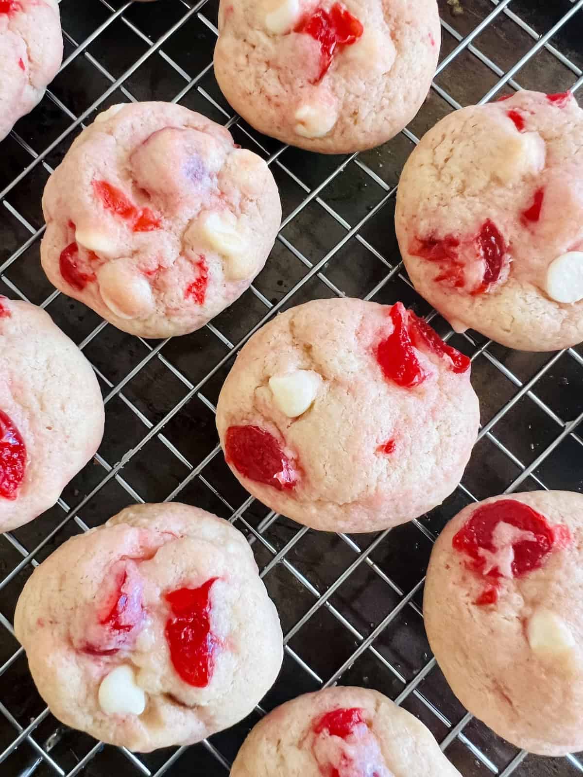 Cherry White Chocolate Chip Cookies Cooling on a wire rack.