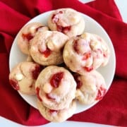 Maraschino Cherry White Chocolate Chip Cookies on a plate