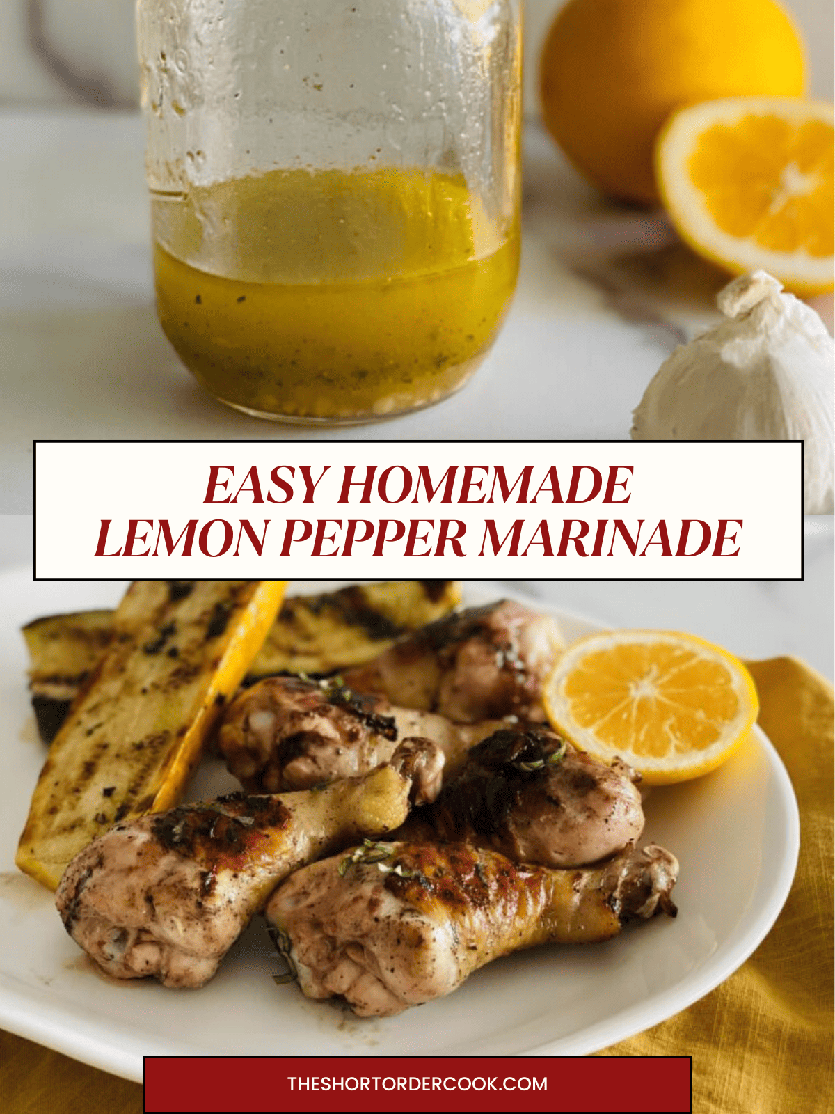 Two photos of lemon pepper marinade and used on grilled chicken. 