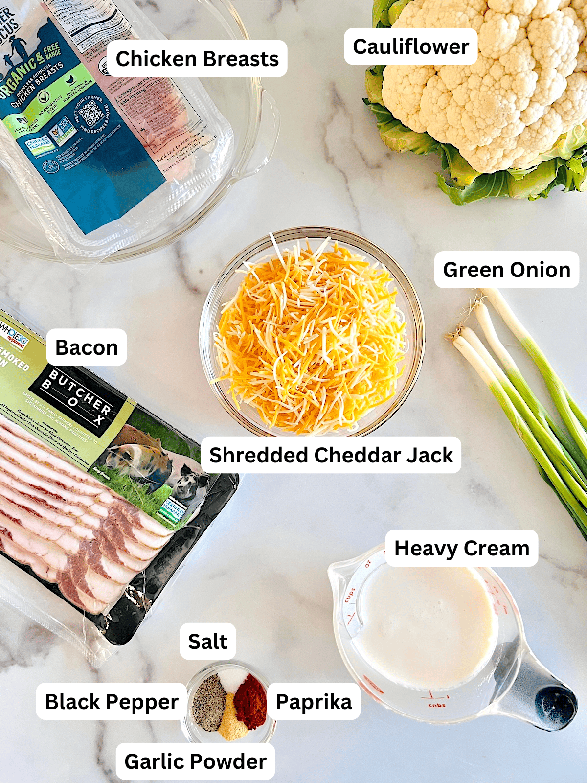 Slow Cooker Loaded Chicken & Cauliflower Casserole Ingredients Labeled