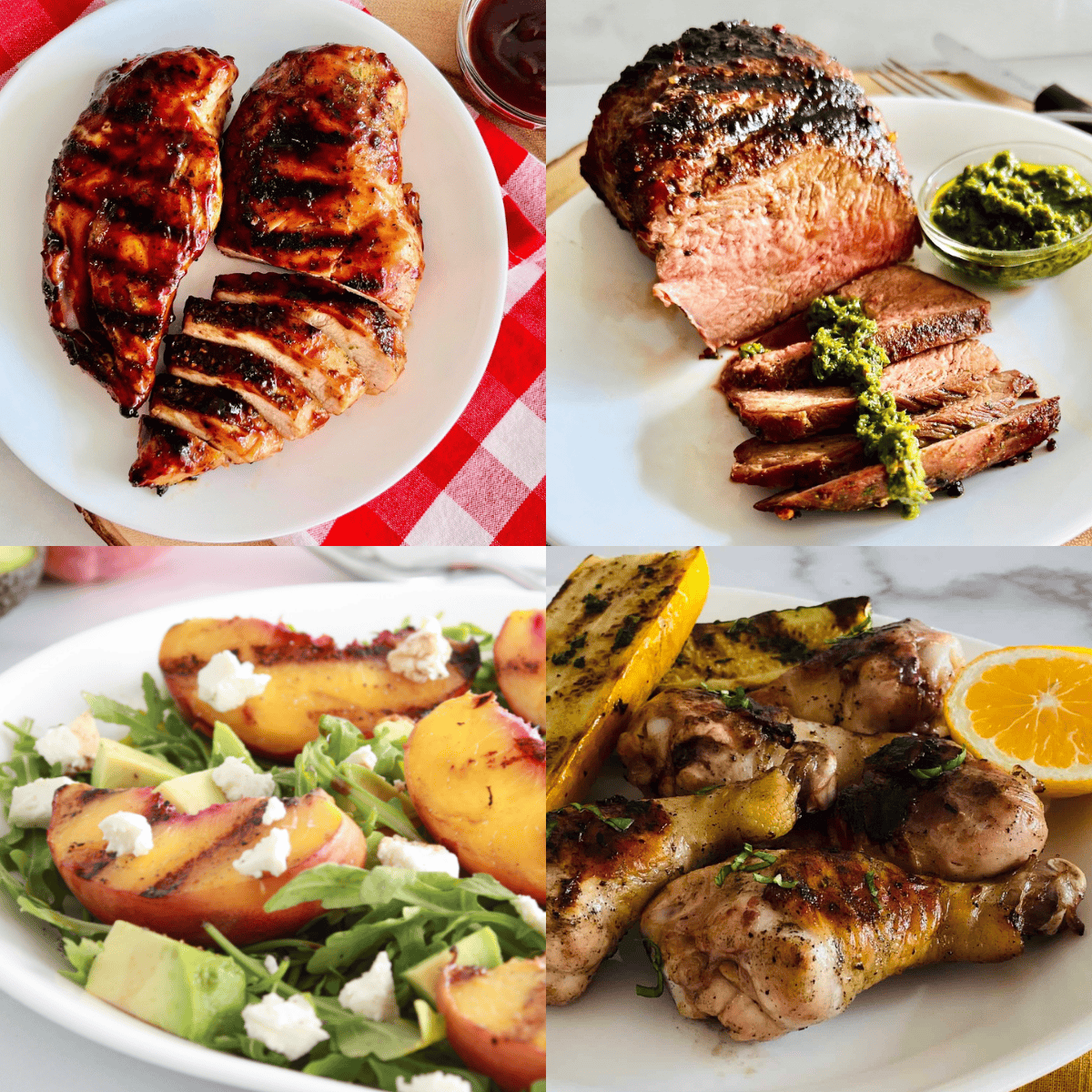 4 photos of different recipes to cook on the grill during summer including chicken and beef ideas.