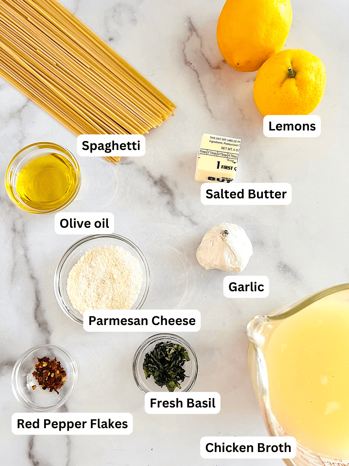 One Pot Lemon Butter Pasta (Pasta al Limone) Ingredients with Labels