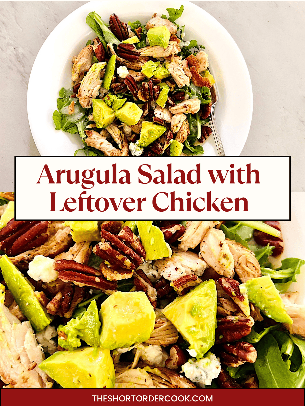 Diced grilled boneless skinless chicken breast salad with arugula, gorgonzola, avocado, and pecans.