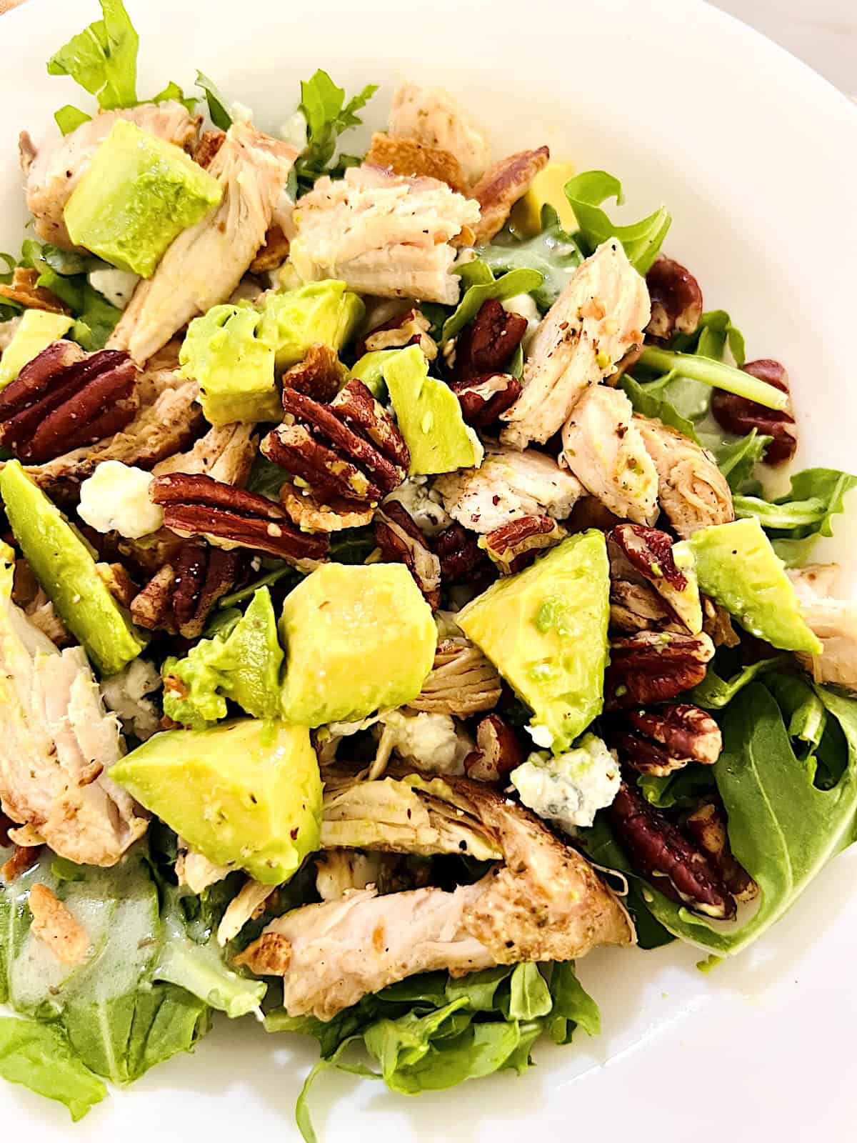 Arugula Salad with Leftover Chicken closeup.