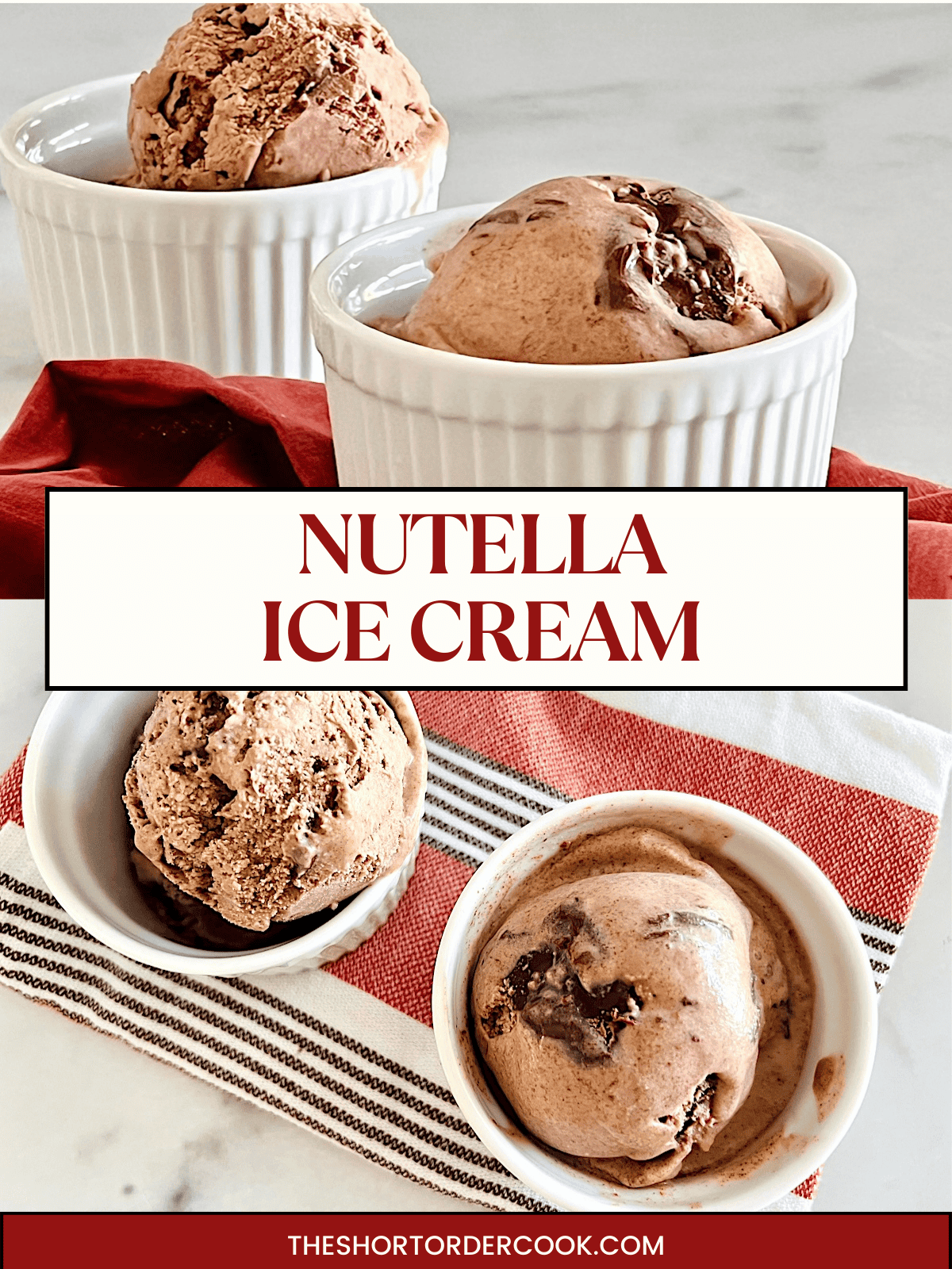 Two pictures of bowls of Nutella ice cream with Nutells swirls.