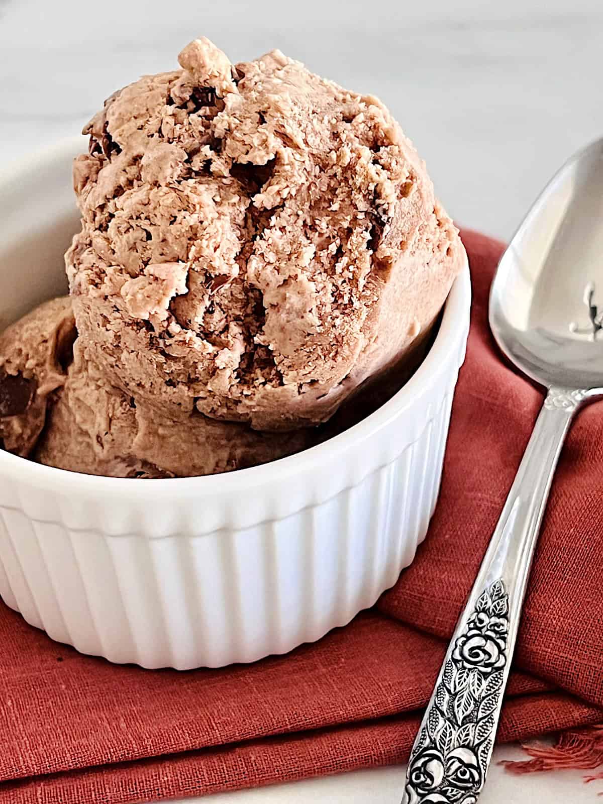 Nutella Ice Cream Scooped and served in white bowl with spoon.