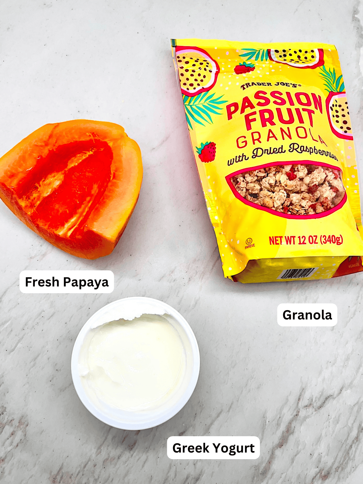 Papaya Yogurt Boats Ingredients with Labels.