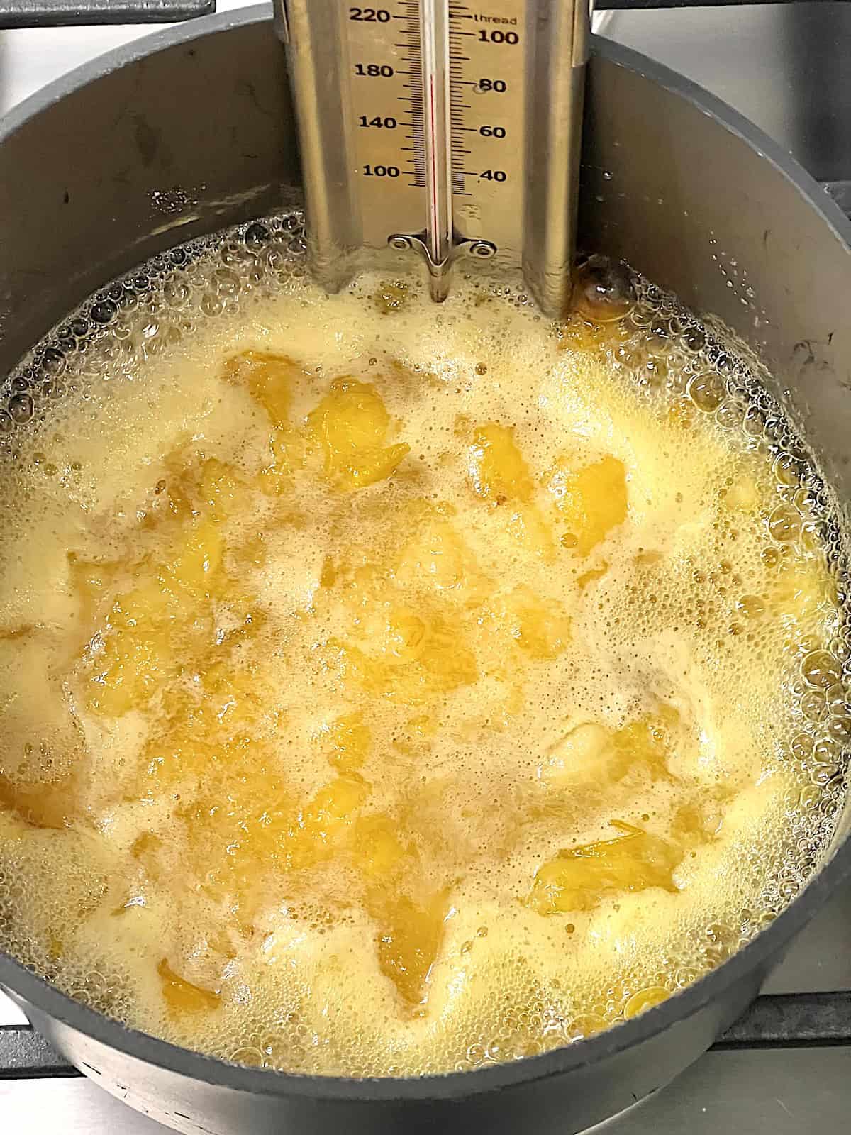 Foam collecting while fruit and sugar cooks and simmers in the pot.