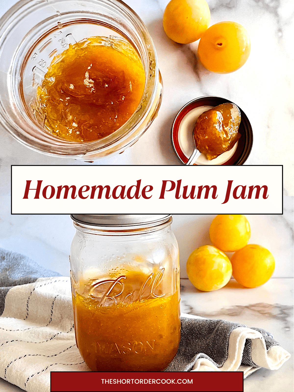 Two photos of plum jam in a jar made on the stovetop and cooling.