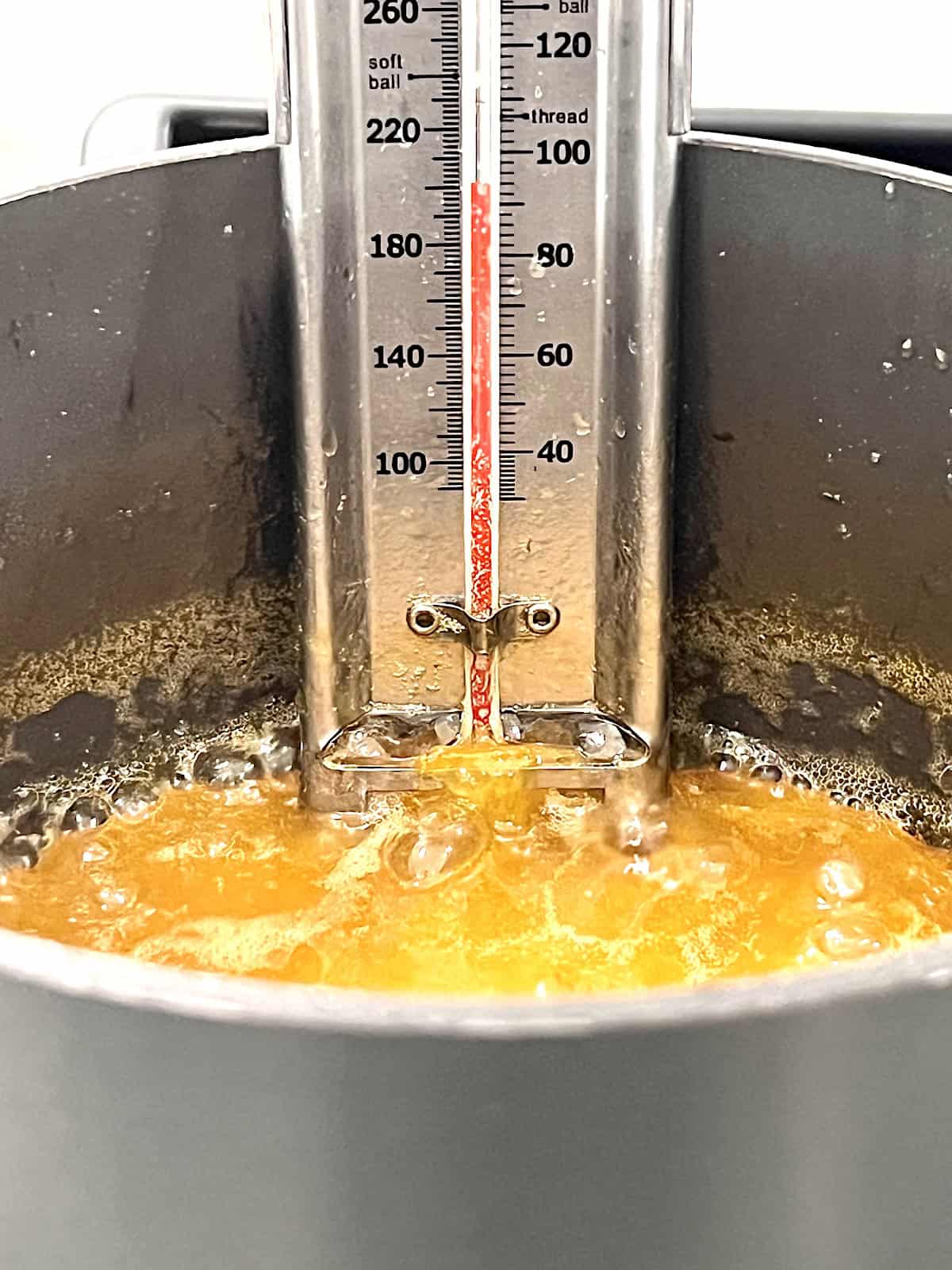 Pot with thermometer at 200 degrees making fruit fruit into jam without pectin