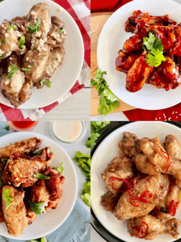 4 different pictures of different chicken wing recipes ready to eat.