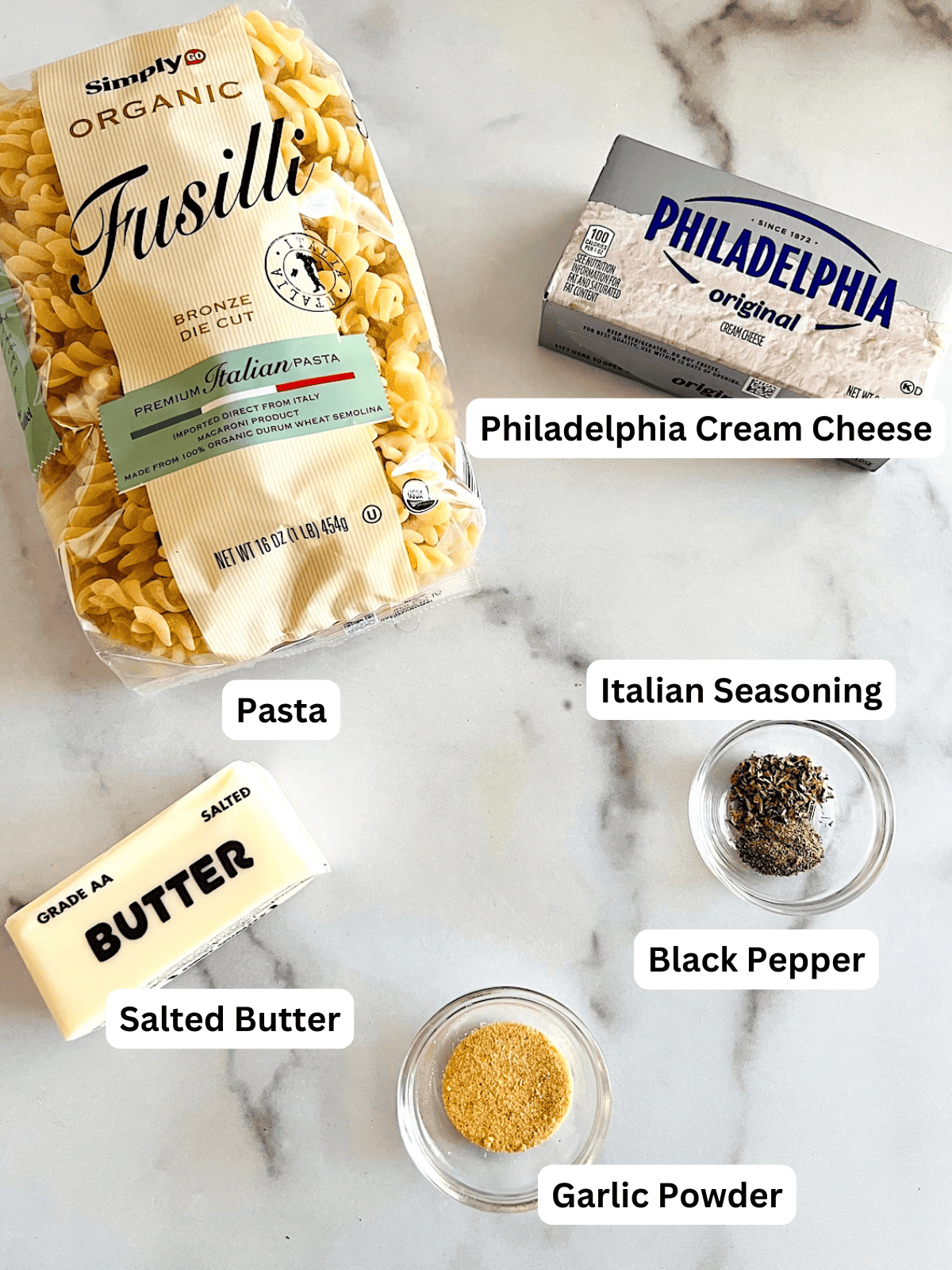 Philadelphia Cream Cheese Pasta Sauce Ingredients with Labels