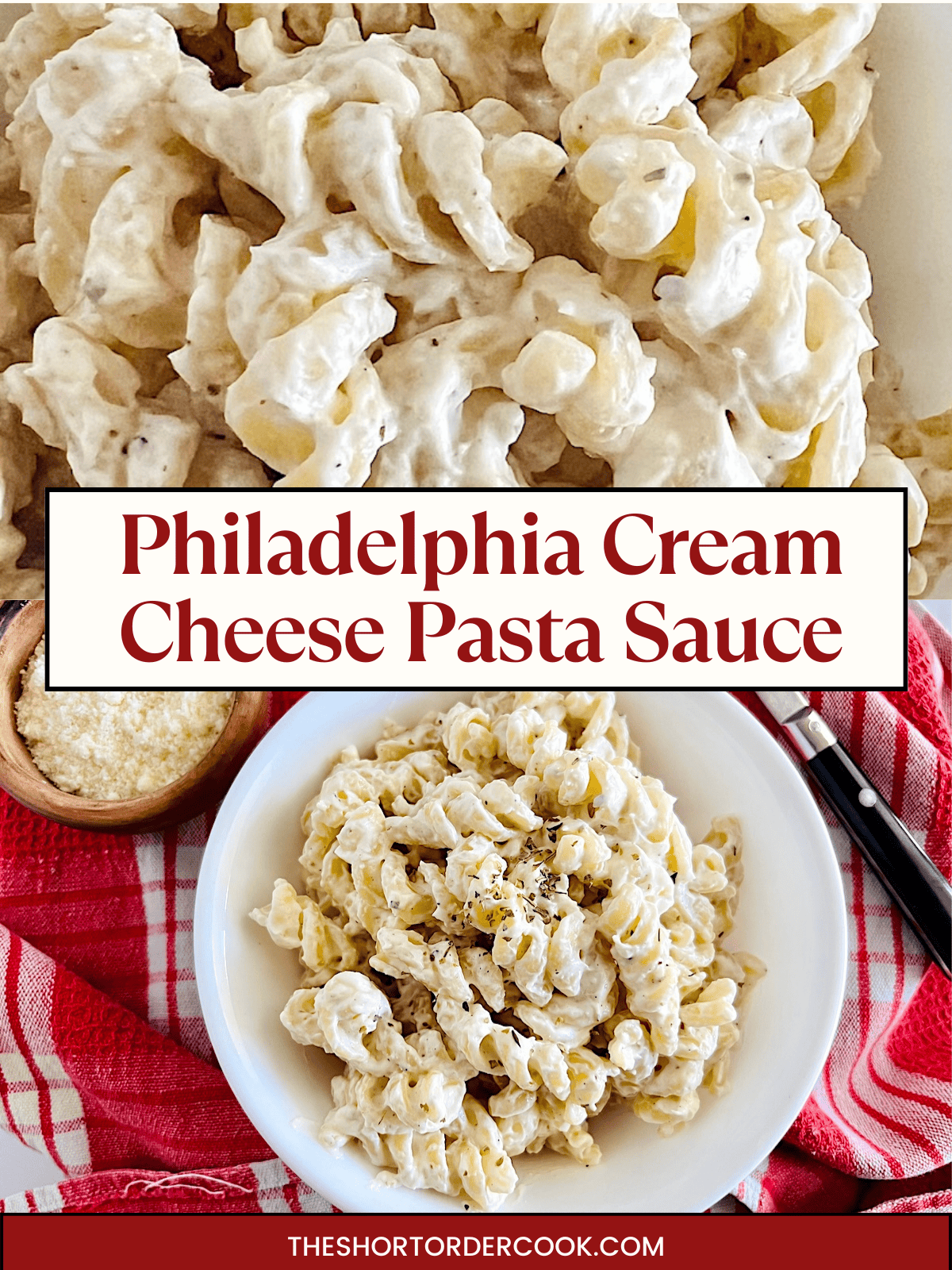 Two photos of creamy vegetarian sauce made from Philadelphia cream cheese served over pasta.