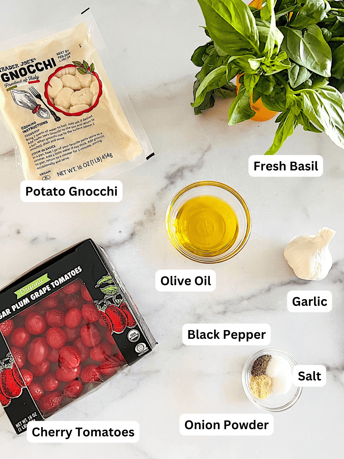Sheet Pan Tomato Basil Gnocchi Ingredients with Labels
