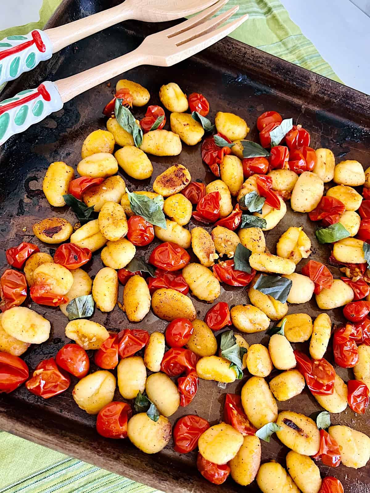 Sheet Pan meal with cherry Tomatoes and fresh Basil with Italian potato Gnocchi dumplings Ready to serve
