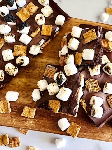 S'mores Bark made with golden grahams chocolate covered graham crackers and charred mini marshmallows.