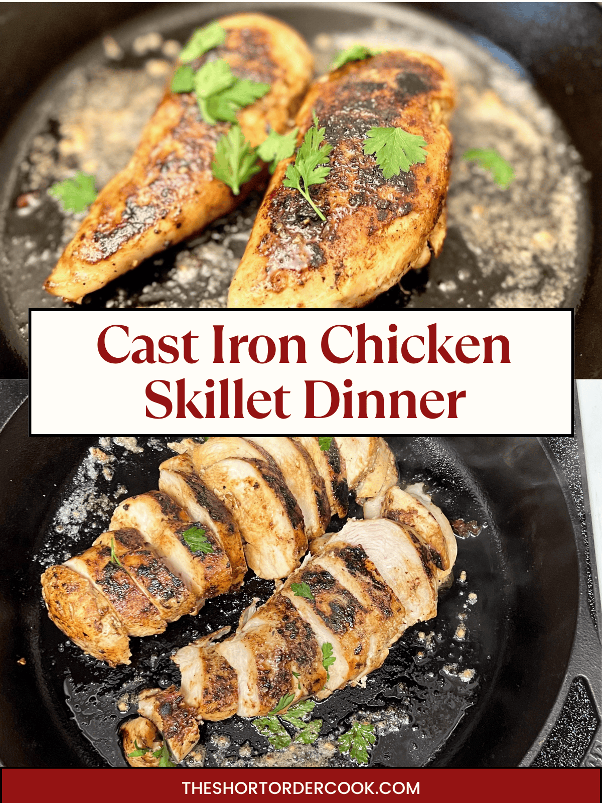 Two photos of chicken breasts cooking in a cast iron Lodge skillet on the stovetop.