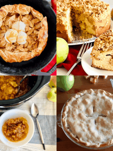 Different photos of recipes using fall fresh apples to make desserts like pie and cobblers.