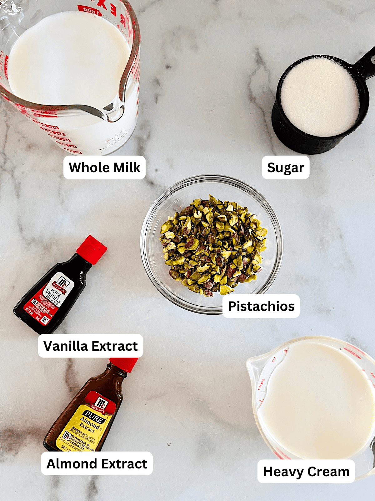 Pistachio Ice Cream Ingredients with Labels.