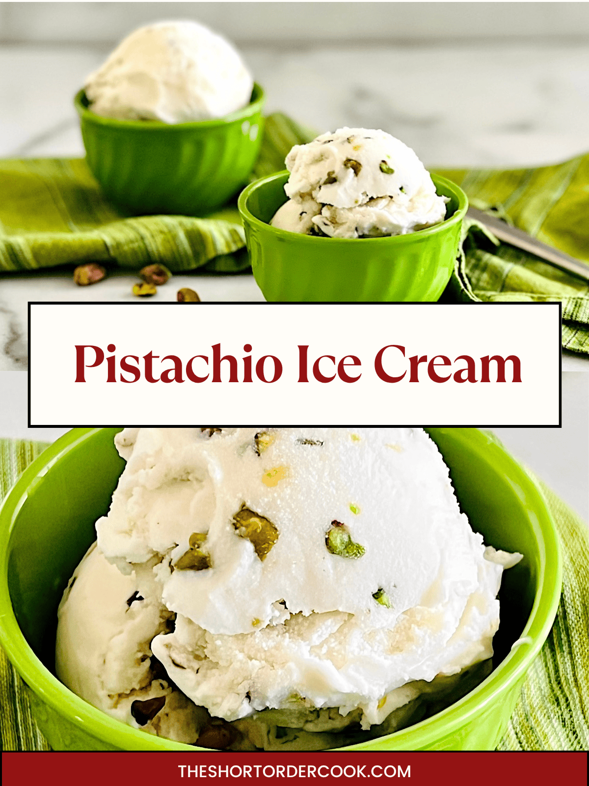 Two photos of homemade pistachio nut ice cream made in the Cuisinart machine.