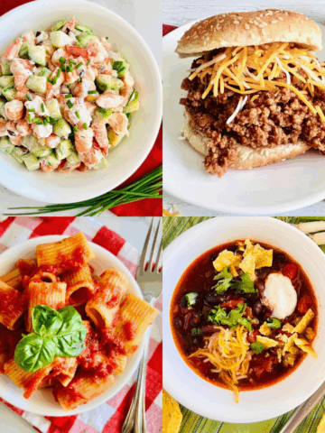 4 photos of simple recipes to cook on a lazy day for dinner including pasta and soup.