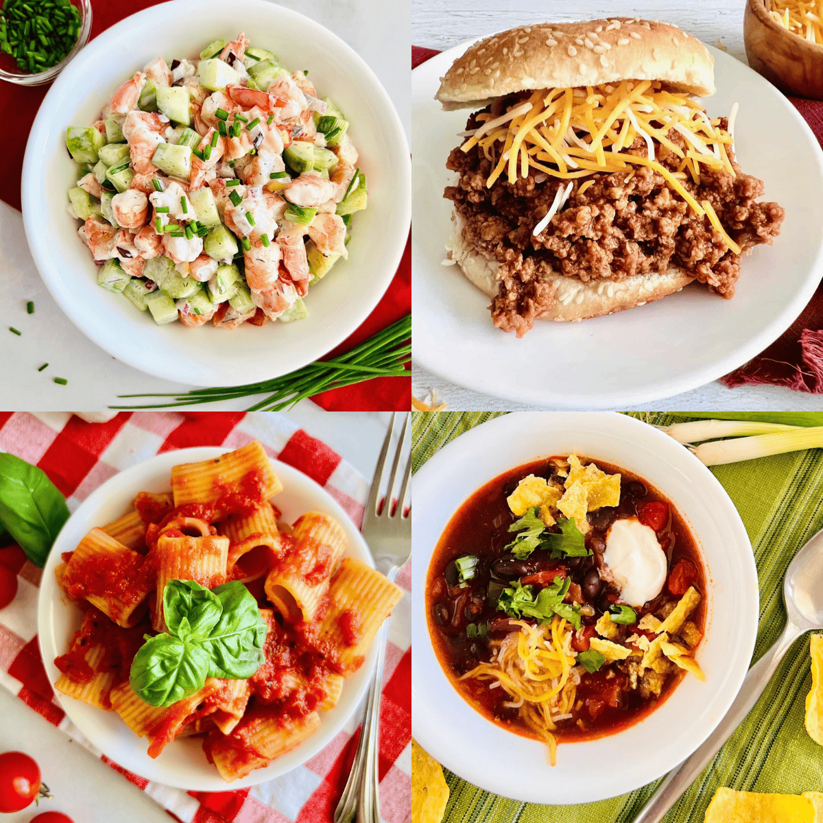 4 photos of simple recipes to cook on a lazy day for dinner including pasta and soup.