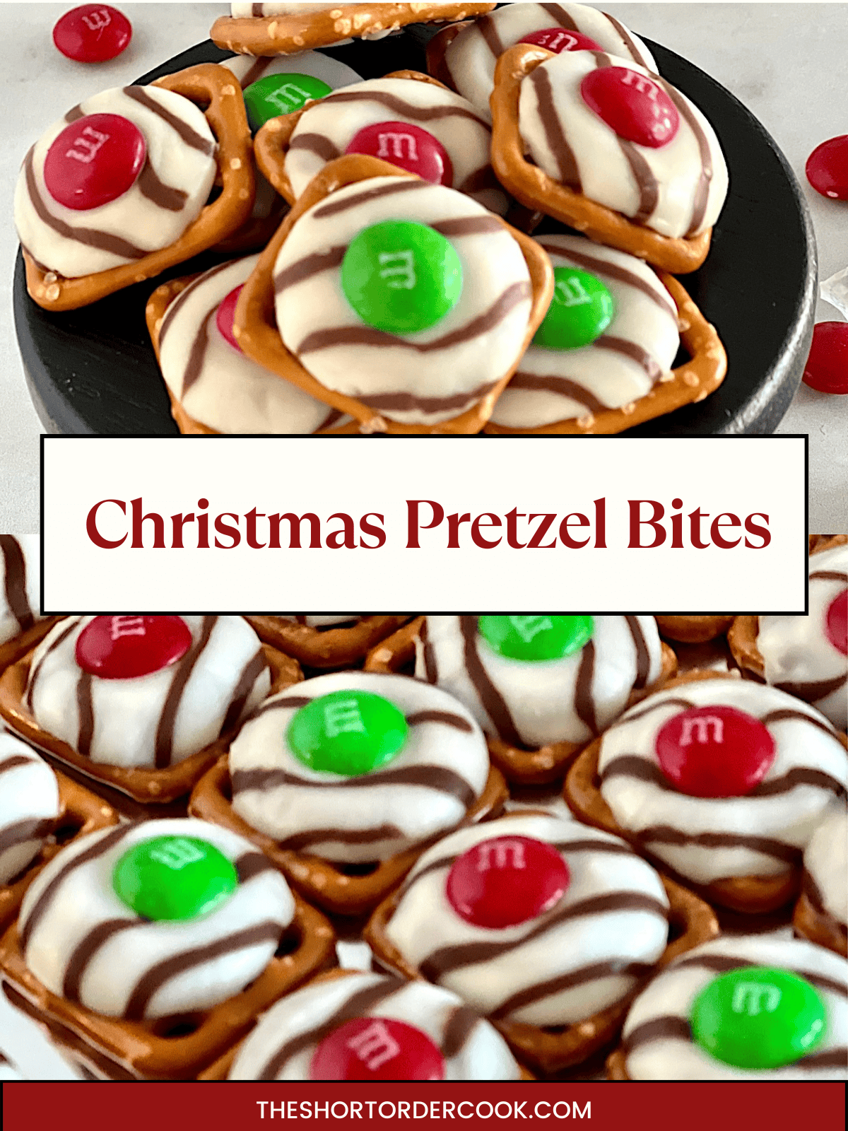 Two photos of pretzel snap treats made with hugs and christmas M&M candies.