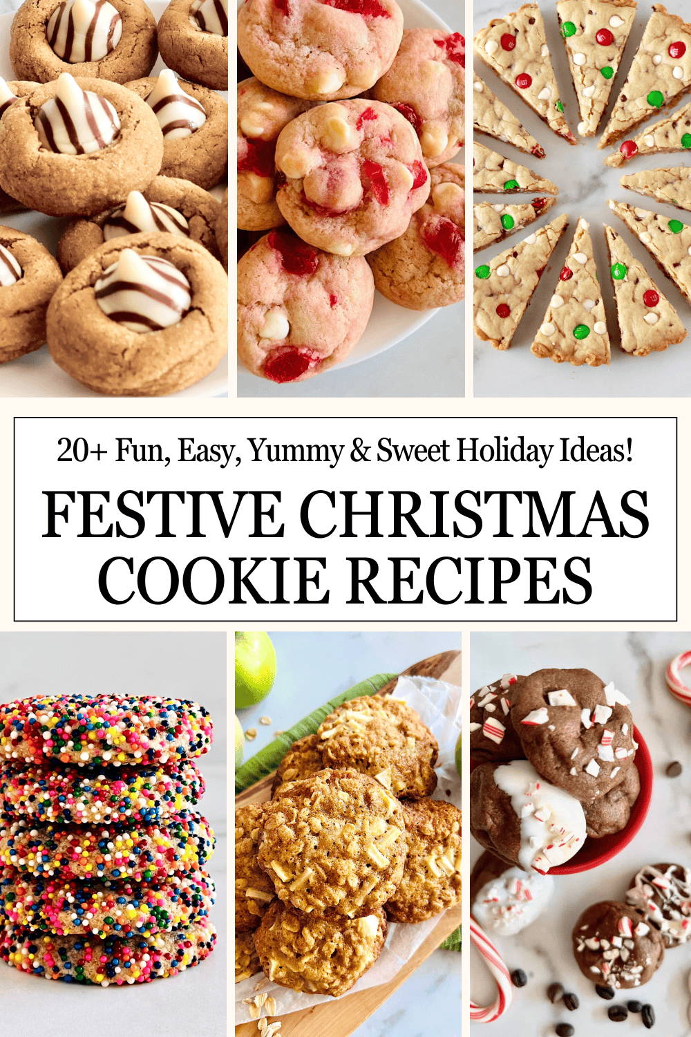 6 different Festive Christmas Cookie Recipes from gingerbread, to no chocolate sugar cookies and some with peppermint or lemon.