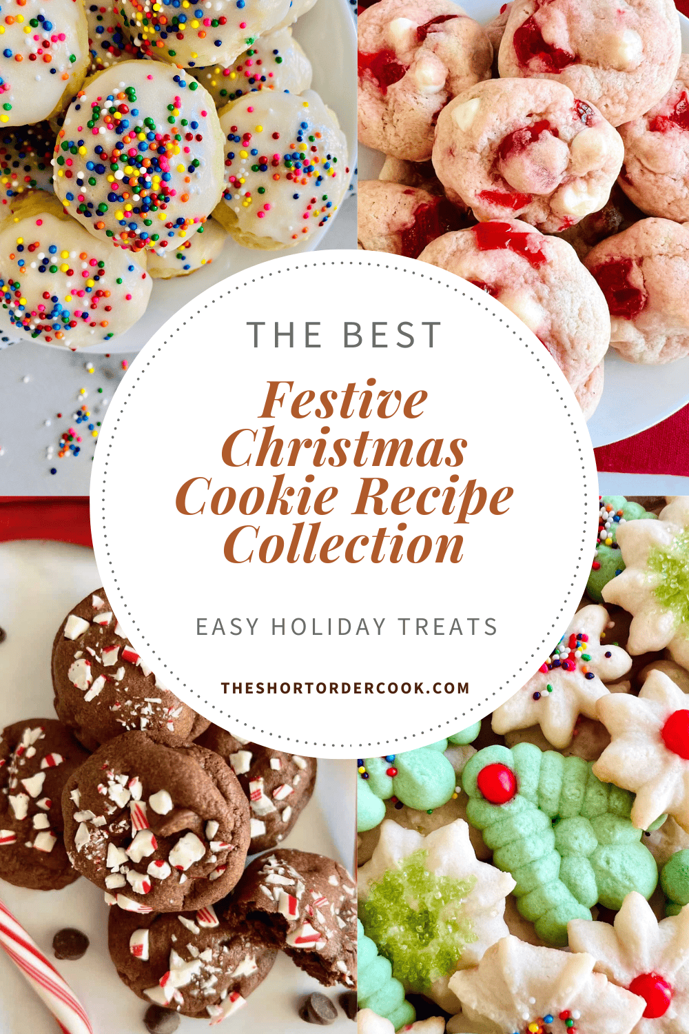 4 of the best homemade cookies for the Christmas holiday including spritz, candy cane, cherry chocolate, and Italian cookies.