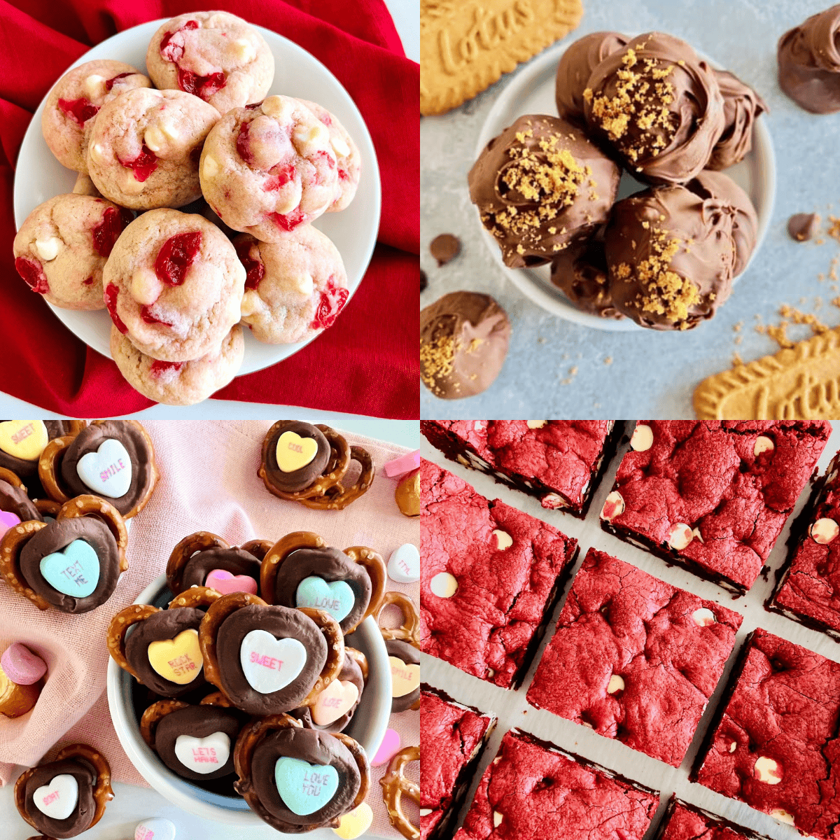 4 photos of different Valentine's Day desserts include red and pink ideas.