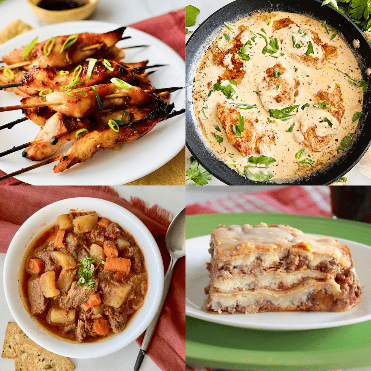4 photos of gluten-free dinner recipe ideas including beef stew, keto lasagna, pork chops and chicken skewers.