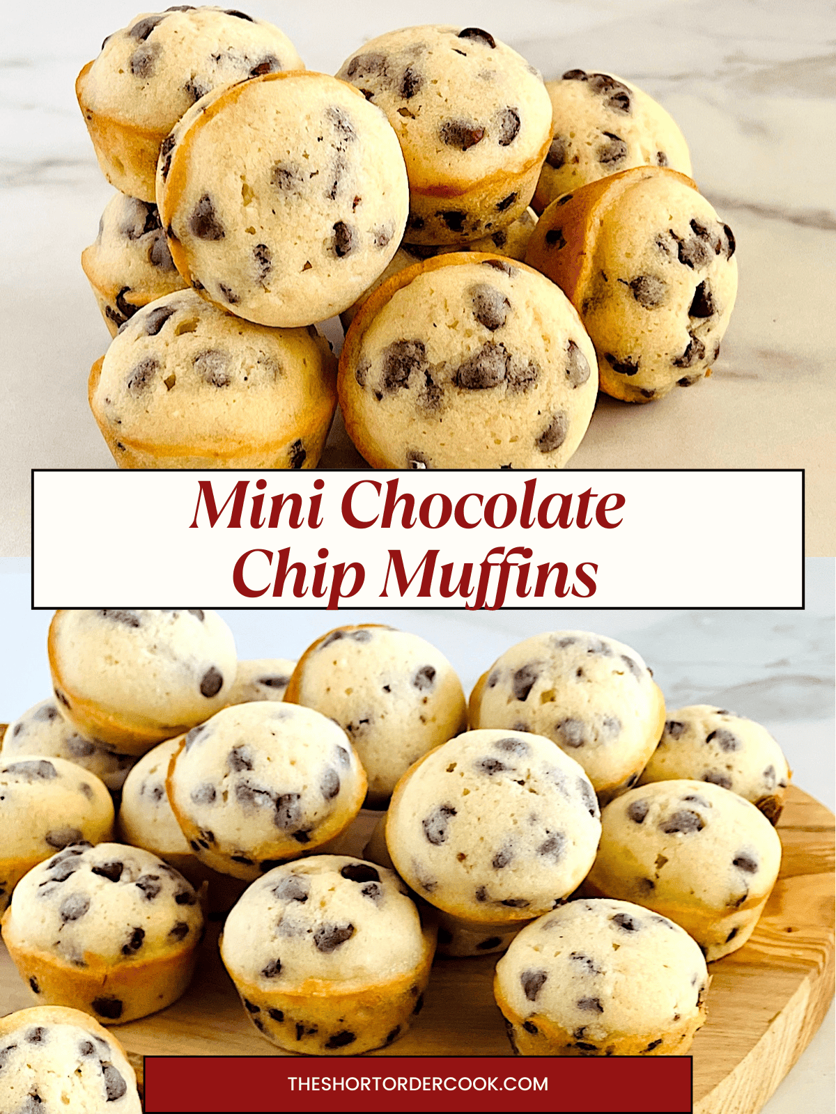 Two photos of small muffins with semi sweet Nestle chocolate chips.