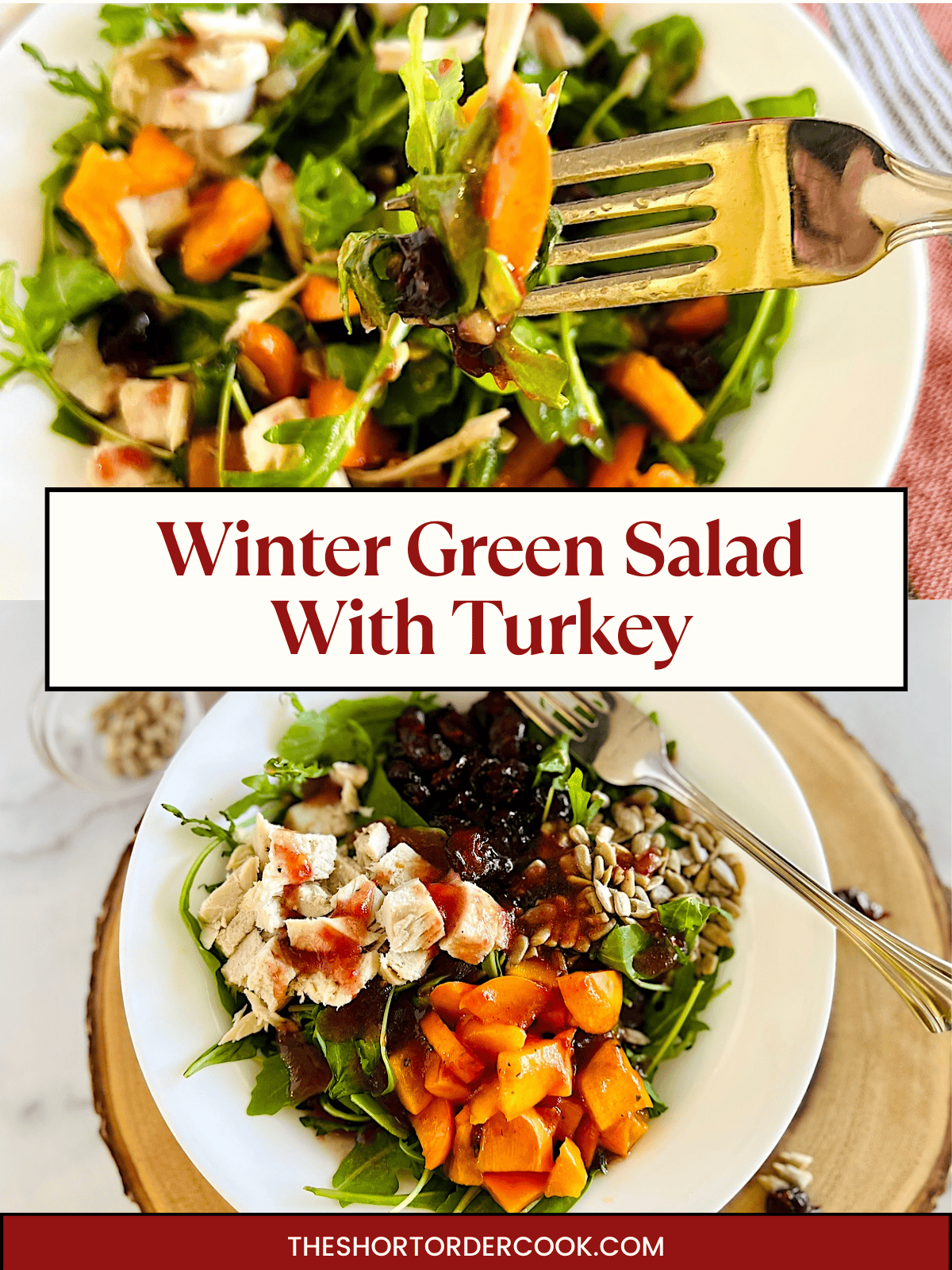 Two photos of spinach arugula salad with leftover turkey, dried & fresh fruits & crunchy seeds.