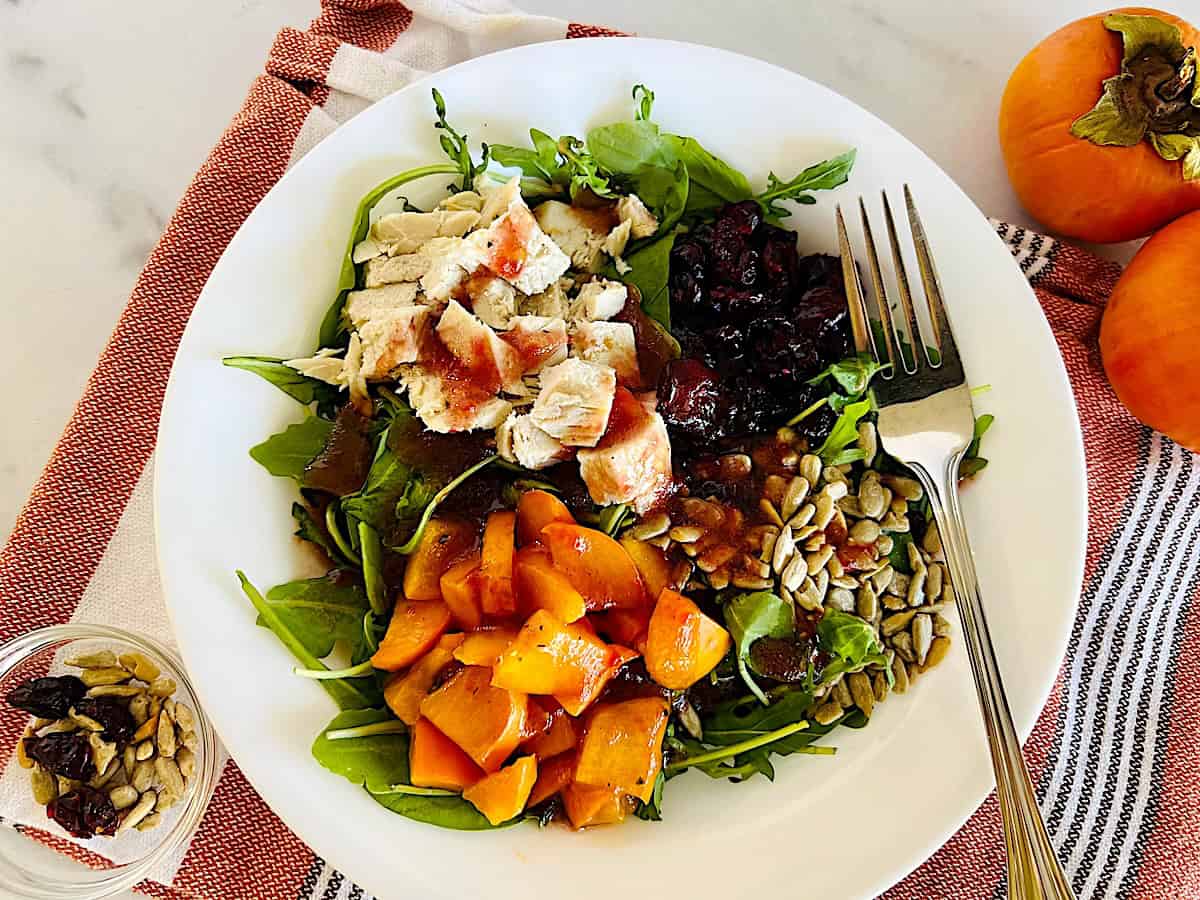 Green salad with winter fruits and roasted turkey with cranberry dressing.