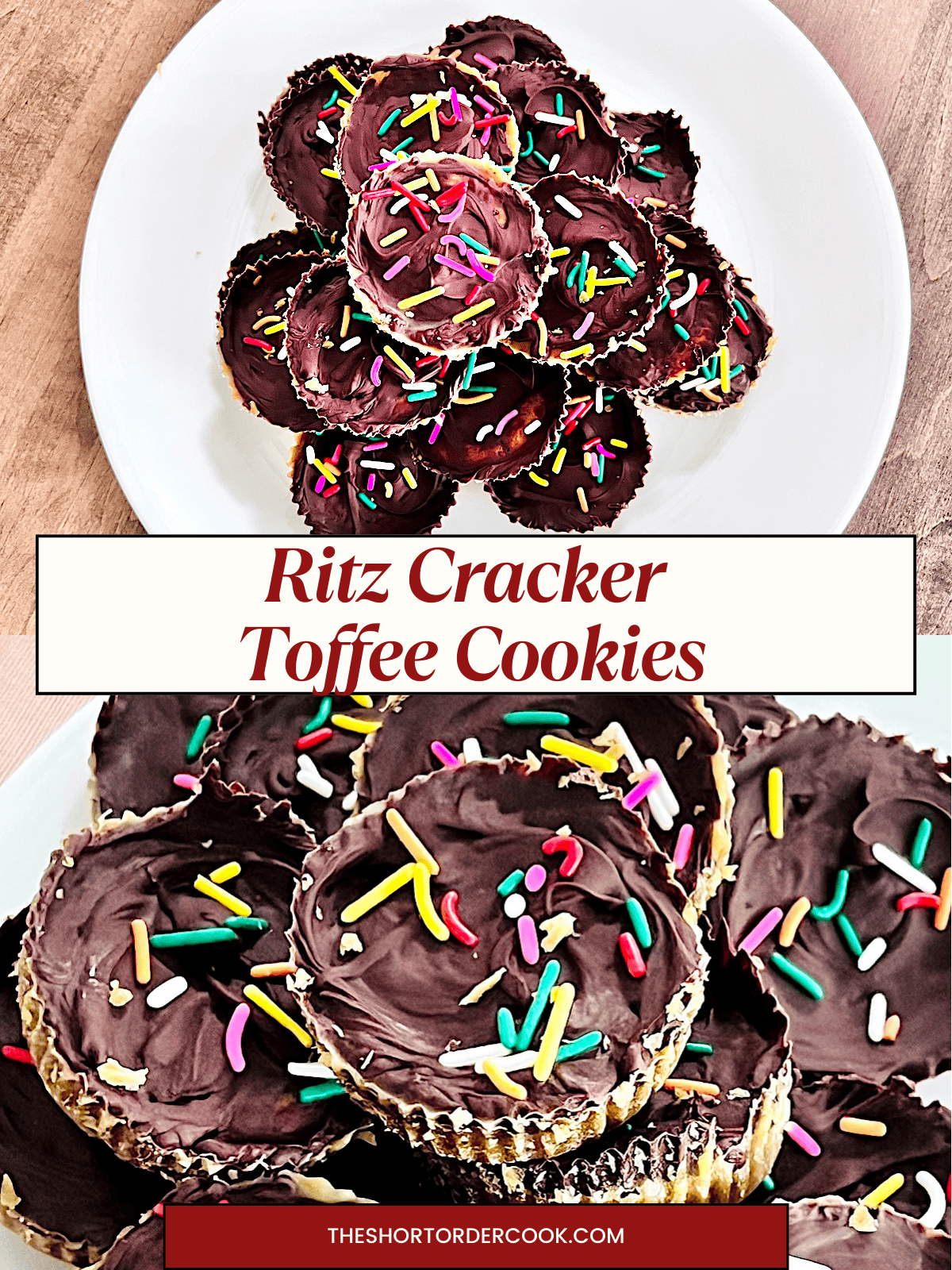 Two pictures of Ritz crackers topped with chocolate to make toffee crack cookie treats.