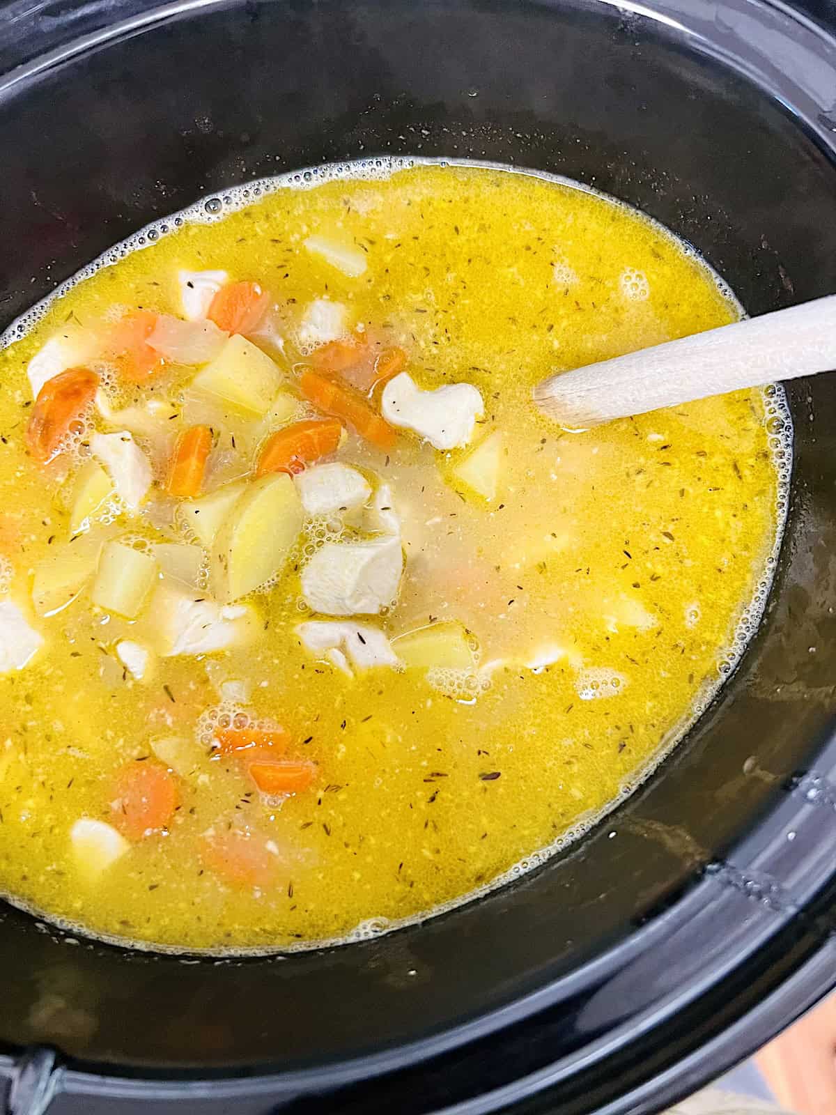 Broth, chicken, and potatoes in the crockpot.