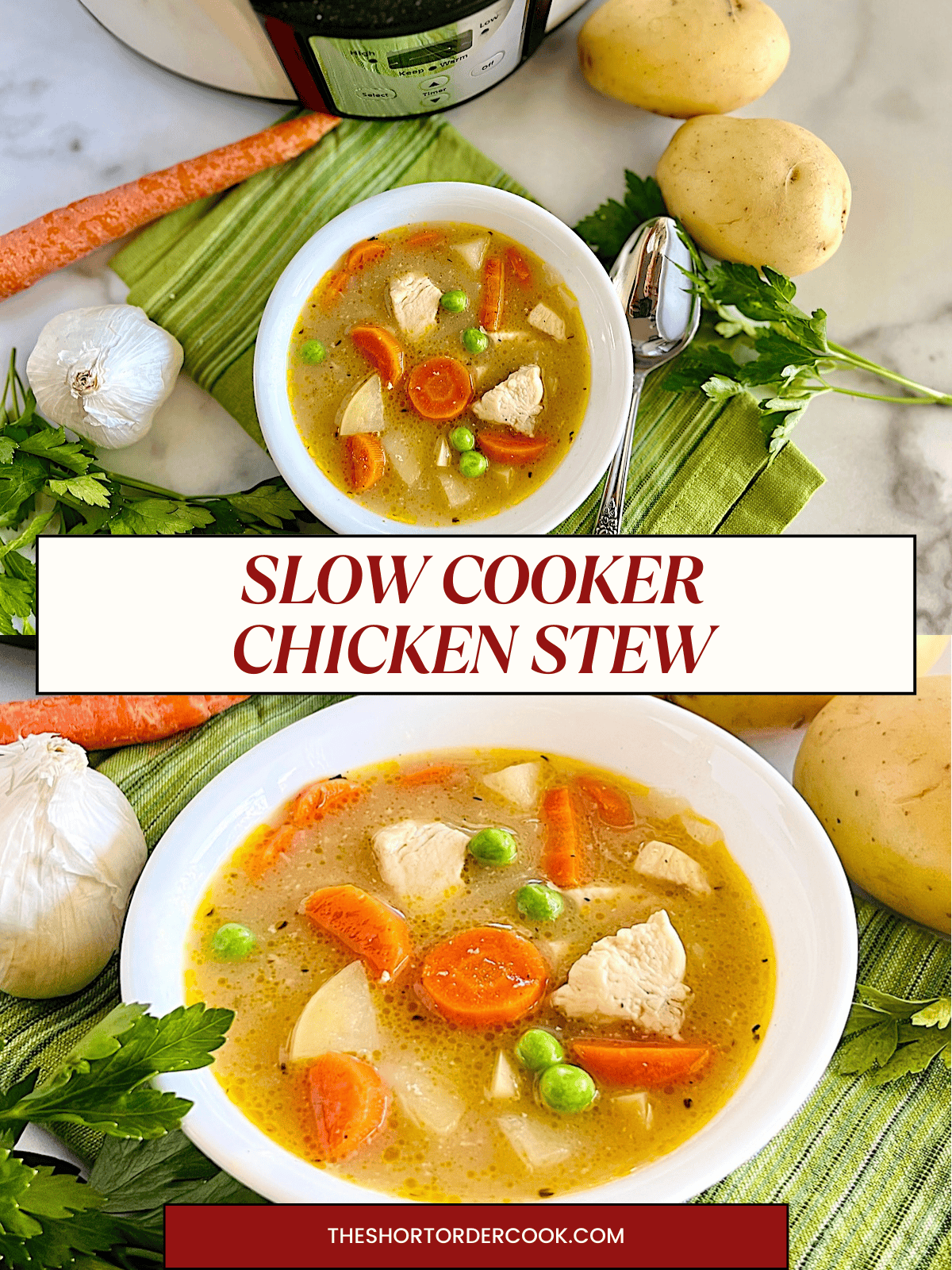 Two photos of slow cooker chicken stew with potatoes and veggies.