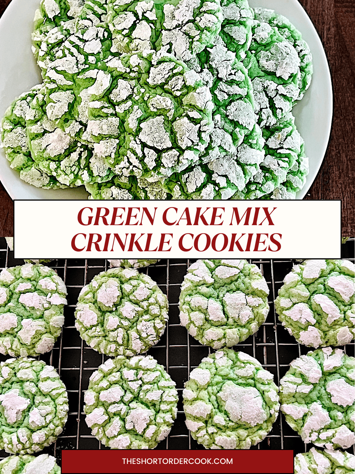 Two photos of green crinkle cookies made with boxed cake mix.