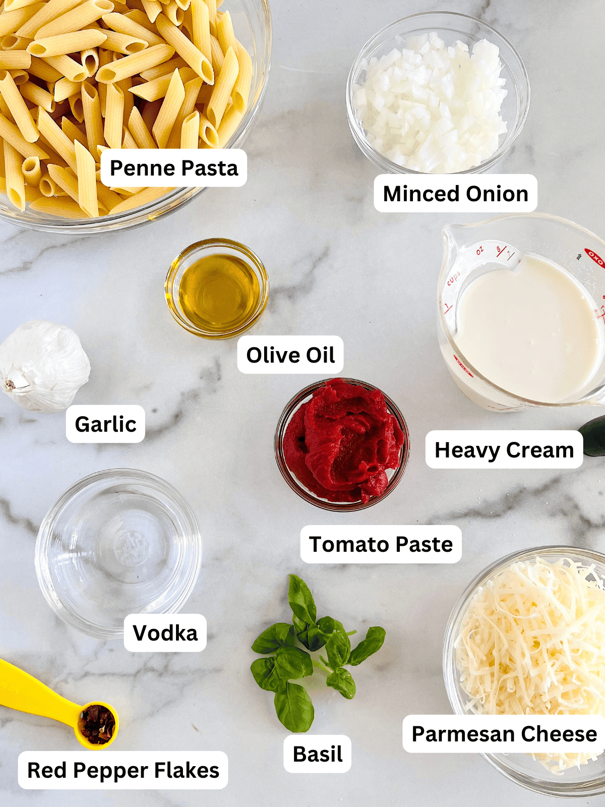 Penne alla Vodka Ingredients with Labels
