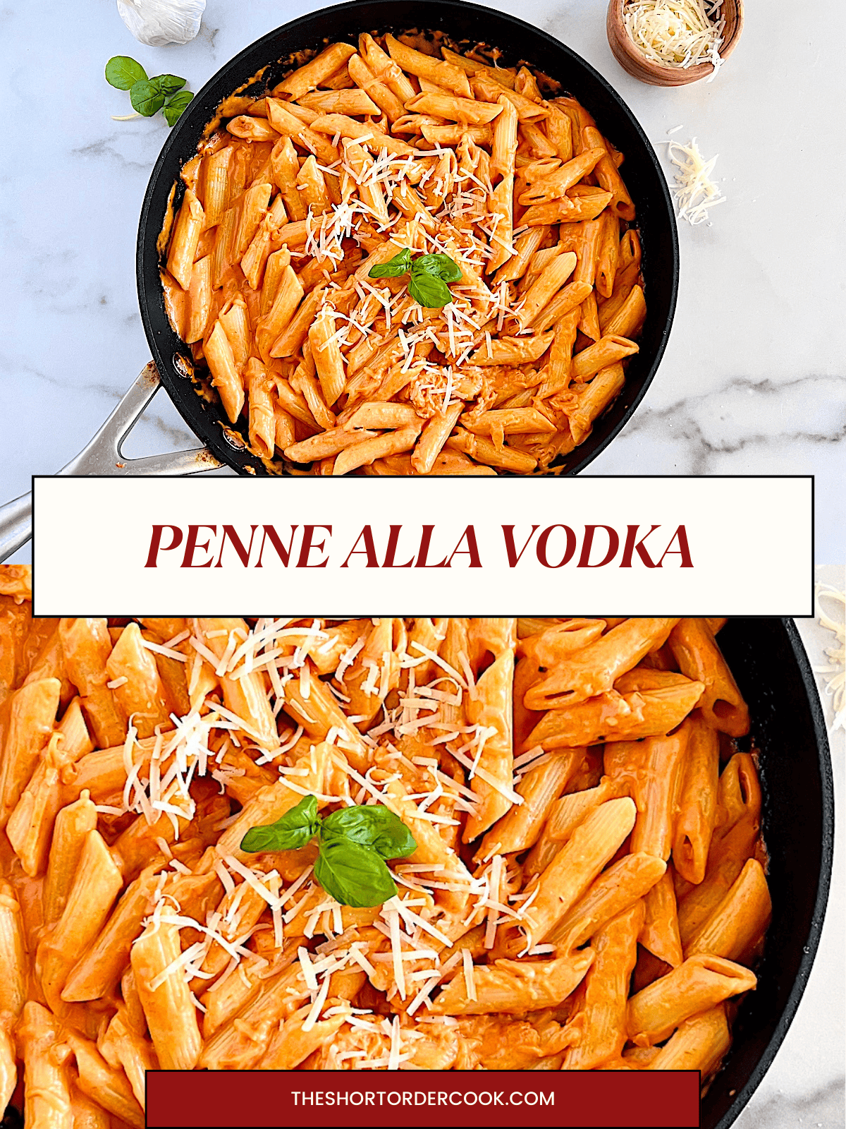 Two photos of penne alla vodka homemade Italian recipe ready to eat.