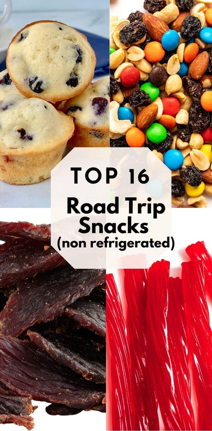 4 different photos of snacks to pack and eat on the go for road trips.