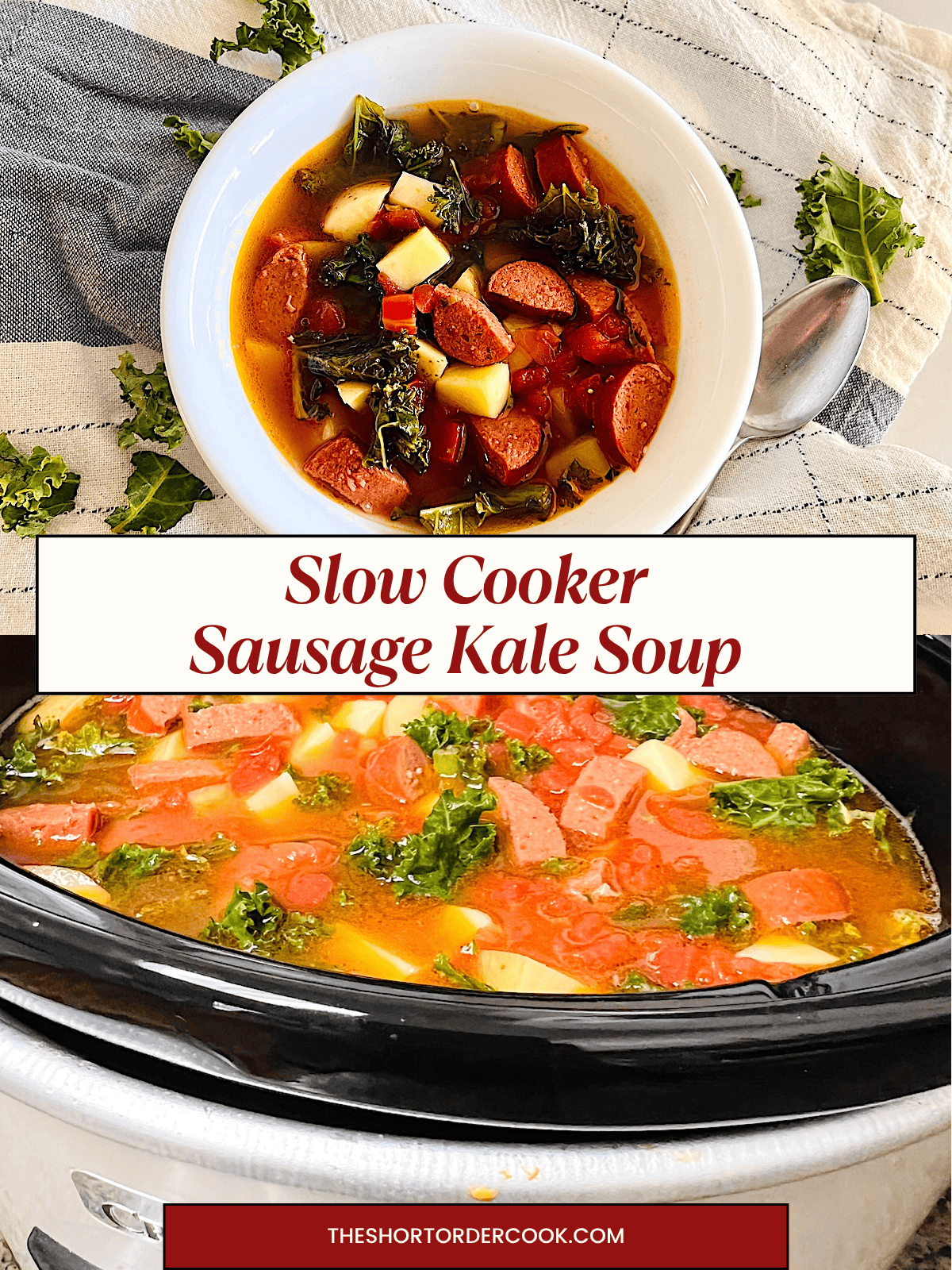 Two photos of slow cooker kale sausage soup in the crock pot and in a bowl made without cream.