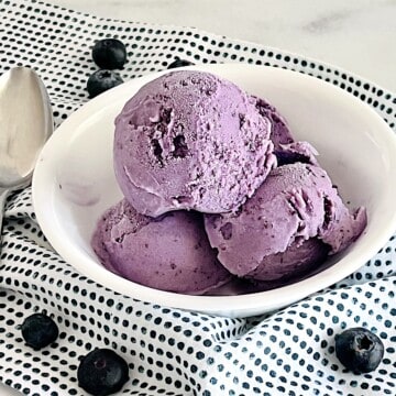 Bowl with scoops of fresh blueberry ice cream made in a cuisinart ice cream maker.