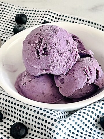 Bowl with scoops of fresh blueberry ice cream made in a cuisinart ice cream maker.