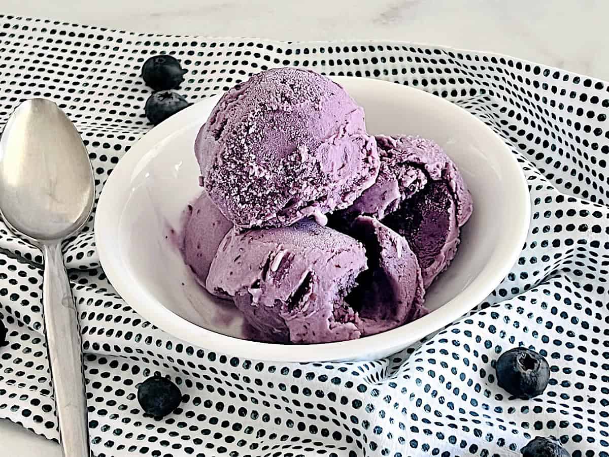 Bowl of pretty purple dessert - homemade blueberry ice cream made with fresh berries.