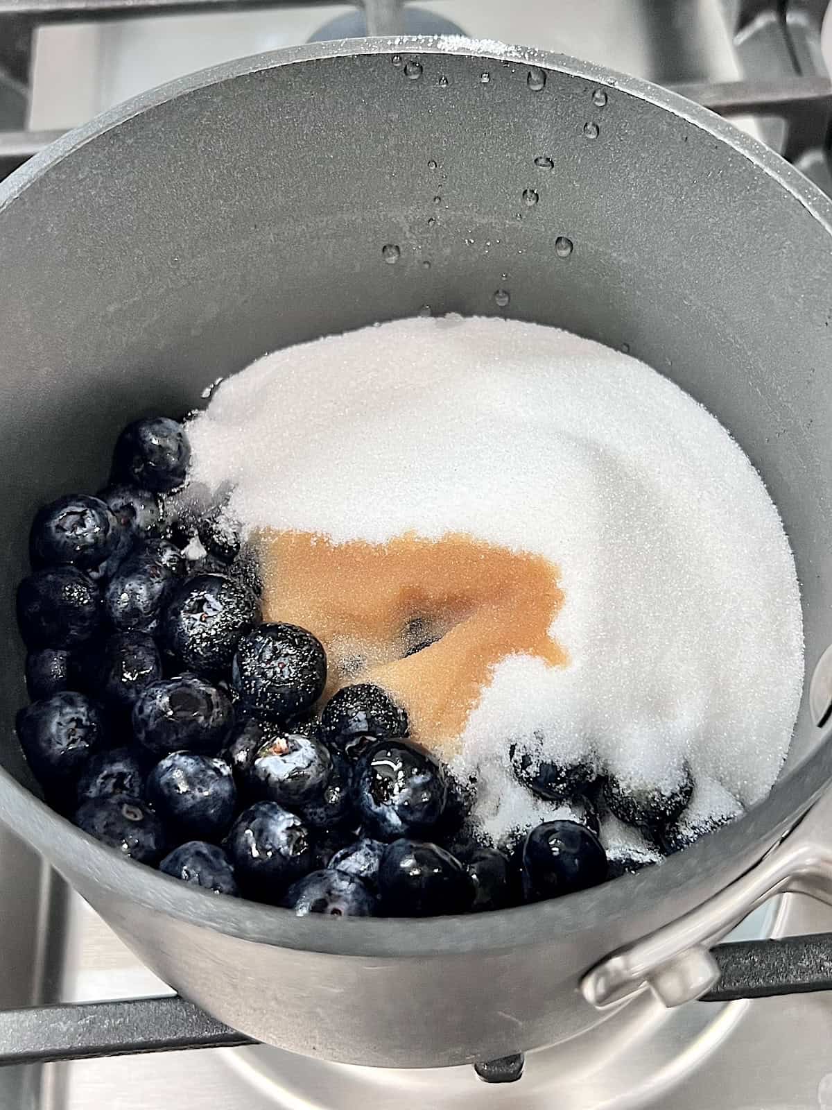 Small pot on the stove with fresh blueberries sugar vanilla and water.