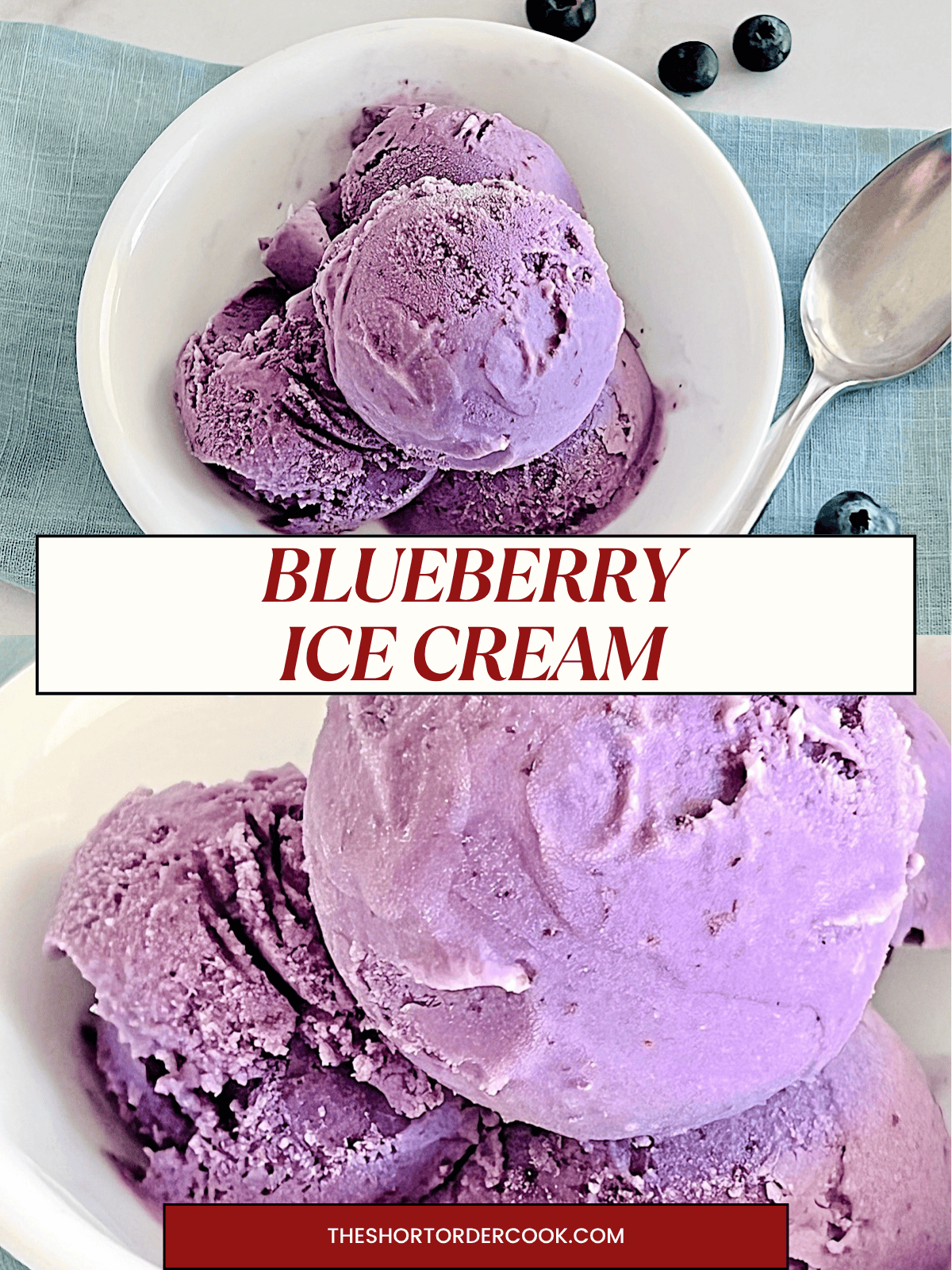 Two photos of bright purple dessert - homemade blueberry ice cream made with real cream and fresh ripe berries.